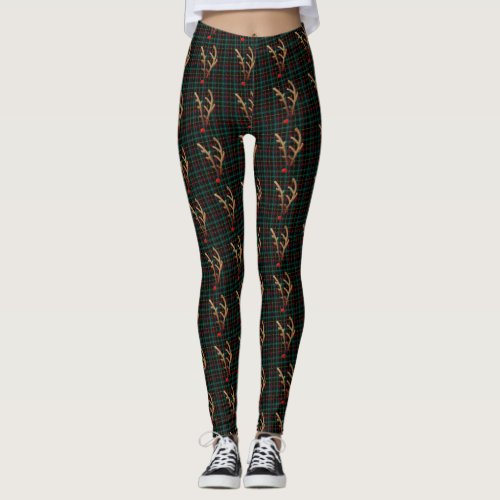 Abstract Red_Nosed Reindeer on Black Plaid Leggings