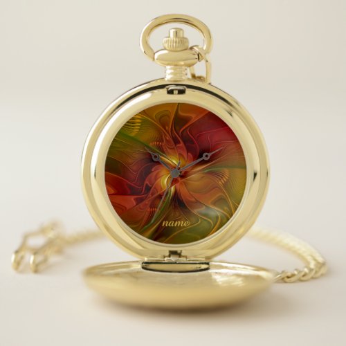 Abstract Red Orange Brown Green Art Flower Name Pocket Watch