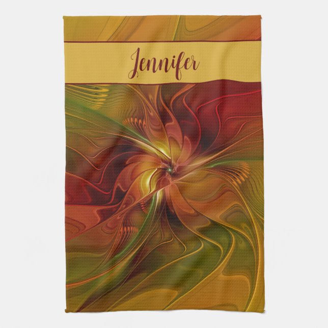Abstract Red Orange Brown Green Flower Name Kitchen Towel (Vertical)
