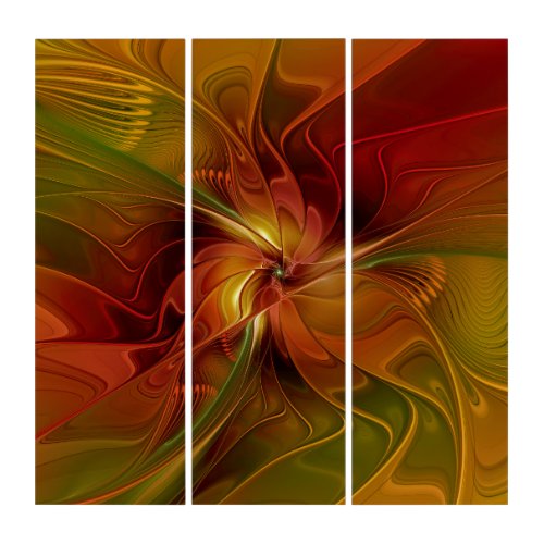 Abstract Red Orange Brown Green Flower Triptych