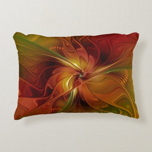 Abstract Red Orange Brown Green Fractal Art Flower Accent Pillow