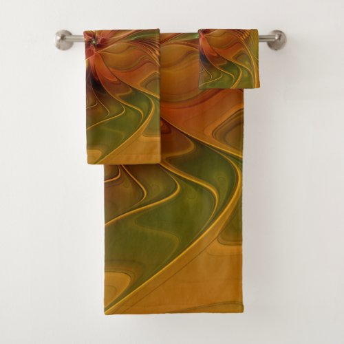 Abstract Red Orange Brown Green Fractal Art Flower Bath Towel Set