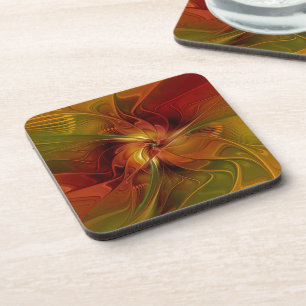 Abstract Red Orange Brown Green Fractal Art Flower Beverage Coaster