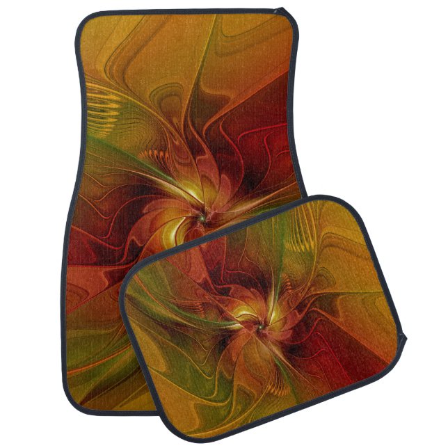 Abstract Red Orange Brown Green Fractal Art Flower Car Mat (Set)