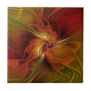 Abstract Red Orange Brown Green Fractal Art Flower Ceramic Tile