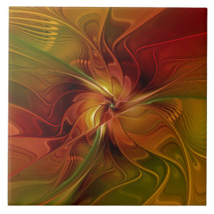 Abstract Red Orange Brown Green Fractal Art Flower Ceramic Tile