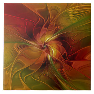 Abstract Red Orange Brown Green Fractal Art Flower Ceramic Tile