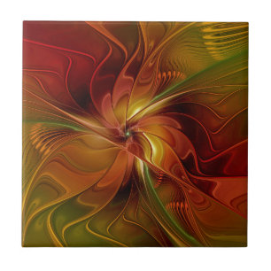 Abstract Red Orange Brown Green Fractal Art Flower Ceramic Tile