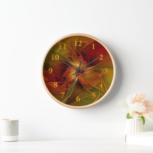 Abstract Red Orange Brown Green Fractal Art Flower Clock