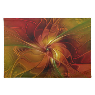 Abstract Red Orange Brown Green Fractal Art Flower Cloth Placemat