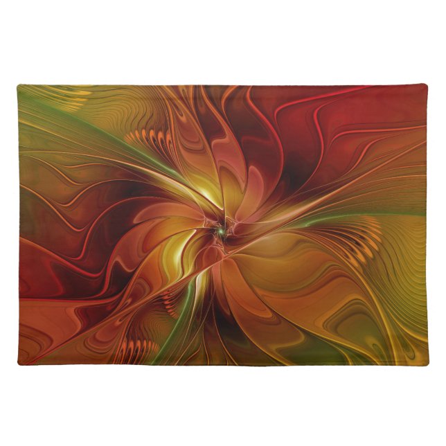 Abstract Red Orange Brown Green Fractal Art Flower Cloth Placemat (Front)