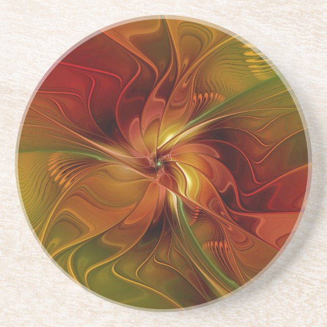 Abstract Red Orange Brown Green Fractal Art Flower Coaster (Front)