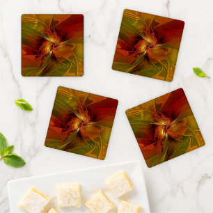Abstract Red Orange Brown Green Fractal Art Flower Coaster Set