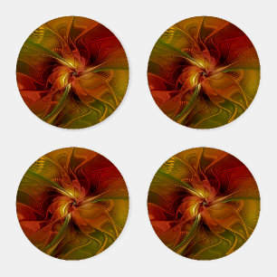 Abstract Red Orange Brown Green Fractal Art Flower Coaster Set