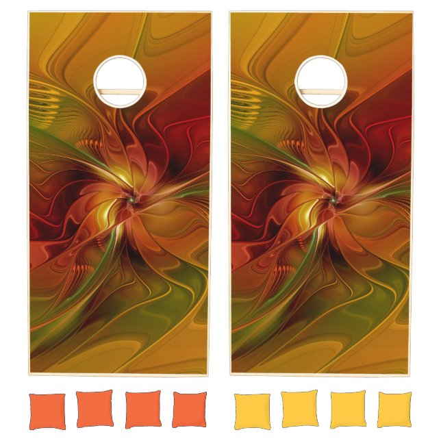 Abstract Red Orange Brown Green Fractal Art Flower Cornhole Set (Set)