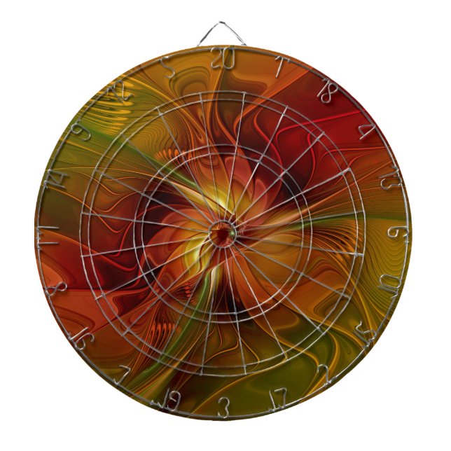 Abstract Red Orange Brown Green Fractal Art Flower Dart Board (Front)