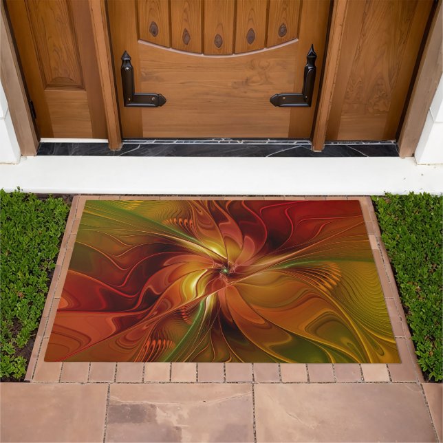 Abstract Red Orange Brown Green Fractal Art Flower Doormat (Outdoor)