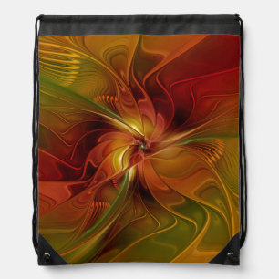 Abstract Red Orange Brown Green Fractal Art Flower Drawstring Bag