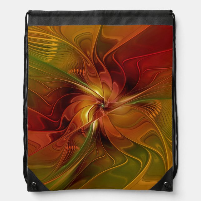 Abstract Red Orange Brown Green Fractal Art Flower Drawstring Bag (Front)