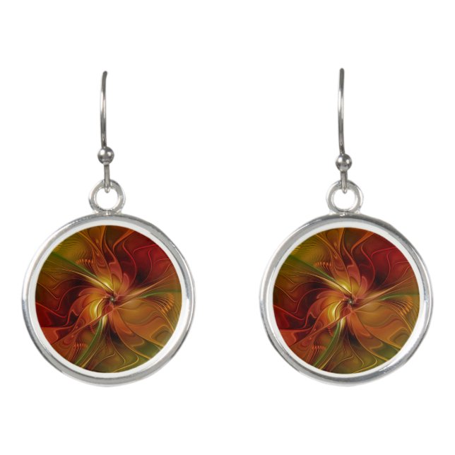 Abstract Red Orange Brown Green Fractal Art Flower Earrings (Front)