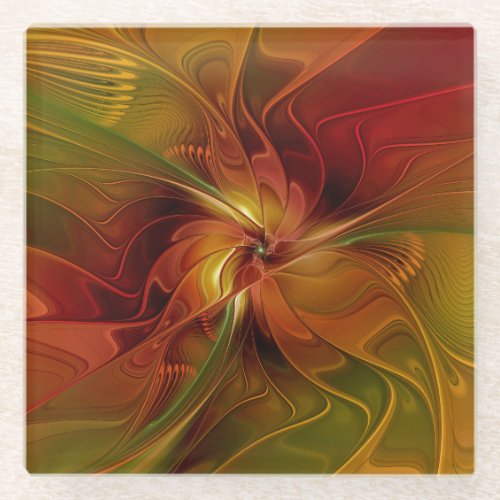 Abstract Red Orange Brown Green Fractal Art Flower Glass Coaster