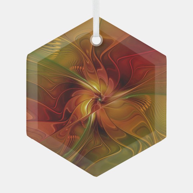 Abstract Red Orange Brown Green Fractal Art Flower Glass Ornament (Front)