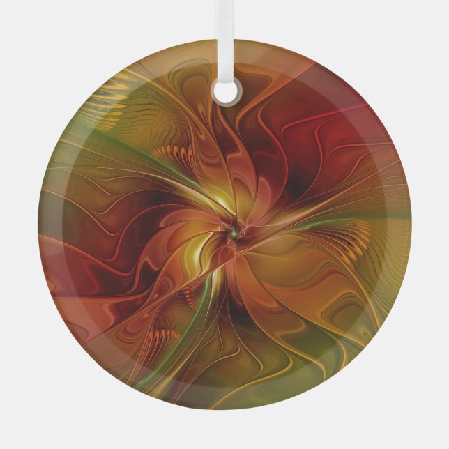 Abstract Red Orange Brown Green Fractal Art Flower Glass Ornament (Front)