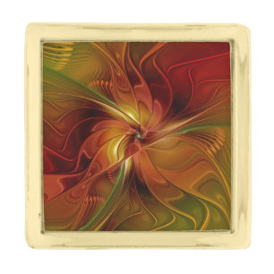 Abstract Red Orange Brown Green Fractal Art Flower Gold Finish Lapel Pin