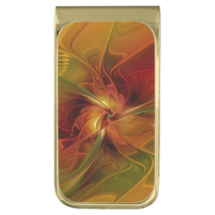 Abstract Red Orange Brown Green Fractal Art Flower Gold Finish Money Clip