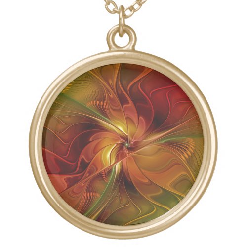 Abstract Red Orange Brown Green Fractal Art Flower Gold Plated Necklace