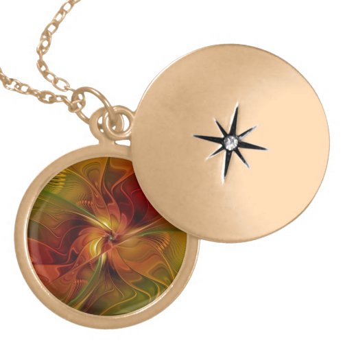 Abstract Red Orange Brown Green Fractal Art Flower Gold Plated Necklace