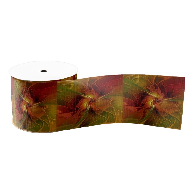 Abstract Red Orange Brown Green Fractal Art Flower Grosgrain Ribbon (Spool)
