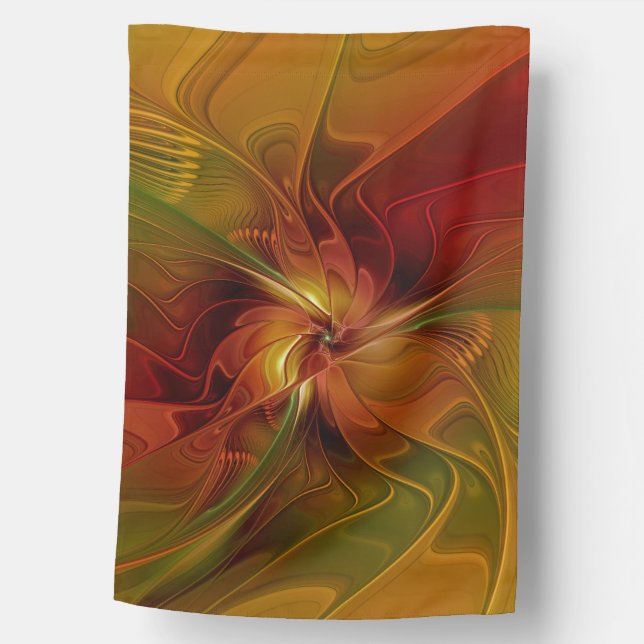 Abstract Red Orange Brown Green Fractal Art Flower House Flag (Front)