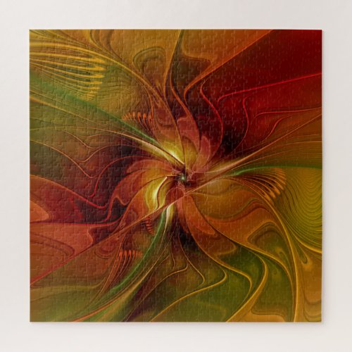 Abstract Red Orange Brown Green Fractal Art Flower Jigsaw Puzzle