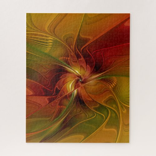 Abstract Red Orange Brown Green Fractal Art Flower Jigsaw Puzzle