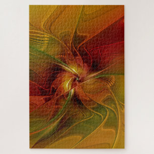 Abstract Red Orange Brown Green Fractal Art Flower Jigsaw Puzzle