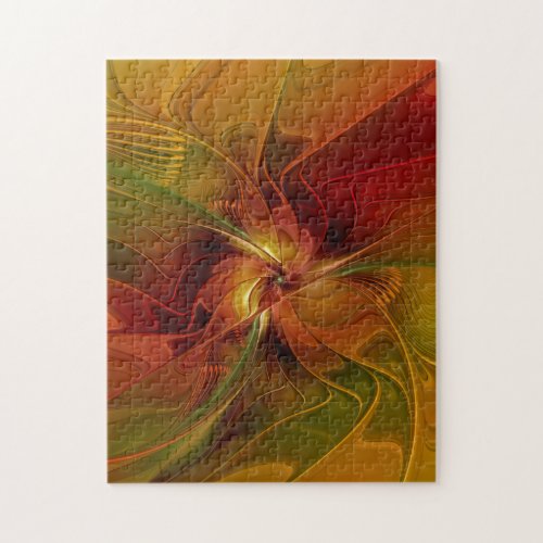 Abstract Red Orange Brown Green Fractal Art Flower Jigsaw Puzzle