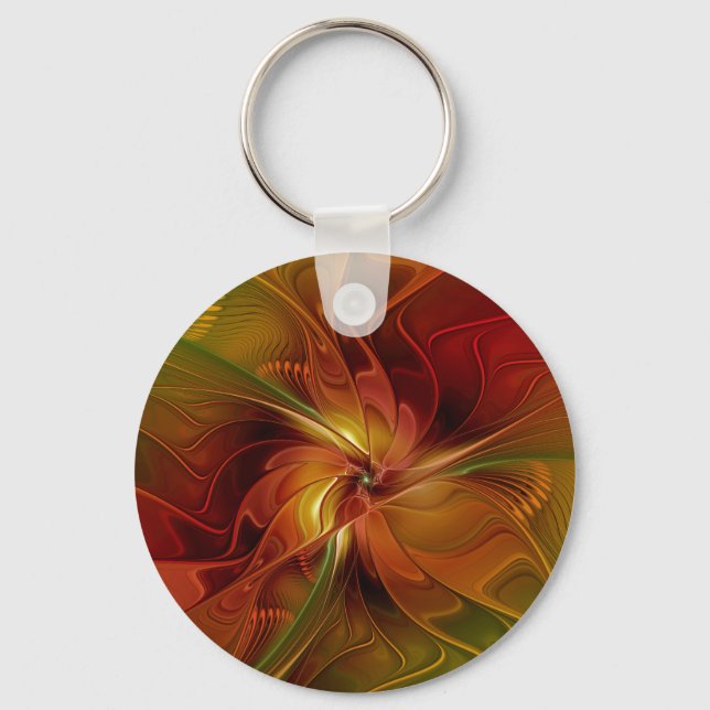 Abstract Red Orange Brown Green Fractal Art Flower Keychain (Front)