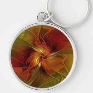 Abstract Red Orange Brown Green Fractal Art Flower Keychain