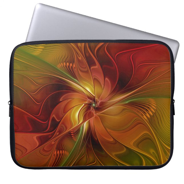 Abstract Red Orange Brown Green Fractal Art Flower Laptop Sleeve (Front)