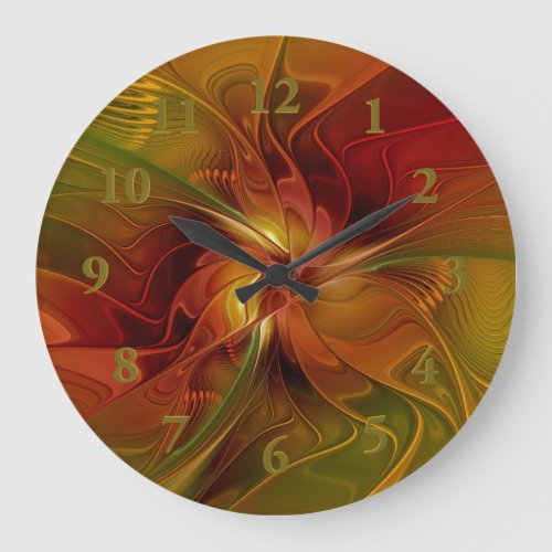 Abstract Red Orange Brown Green Fractal Art Flower Large Clock
