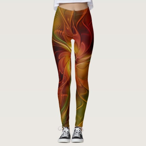 Abstract Red Orange Brown Green Fractal Art Flower Leggings