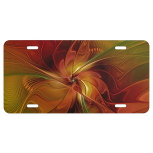 Abstract Red Orange Brown Green Fractal Art Flower License Plate