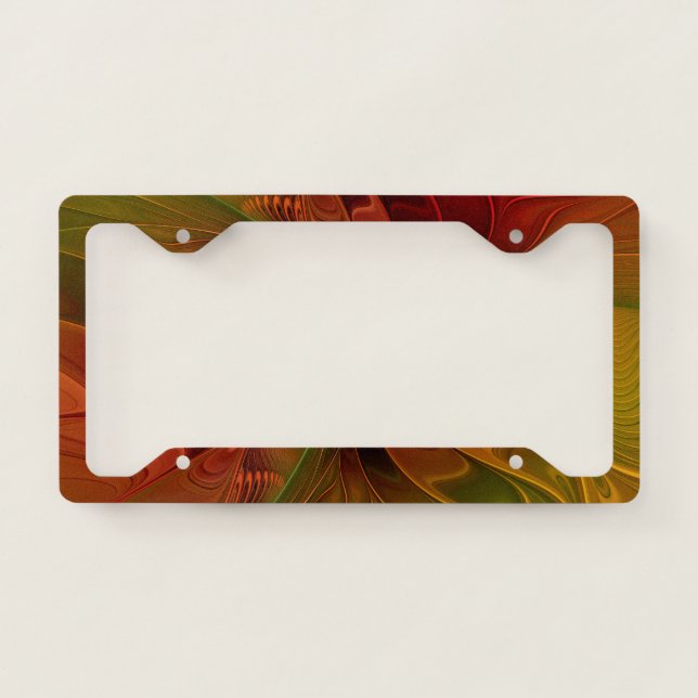 Abstract Red Orange Brown Green Fractal Art Flower License Plate Frame (Front)