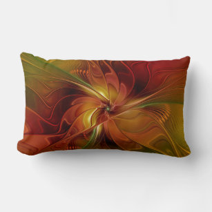 Abstract Red Orange Brown Green Fractal Art Flower Lumbar Pillow