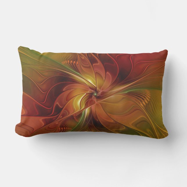 Abstract Red Orange Brown Green Fractal Art Flower Lumbar Pillow (Front)