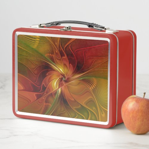 Abstract Red Orange Brown Green Fractal Art Flower Metal Lunch Box