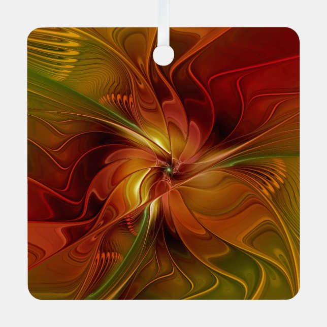 Abstract Red Orange Brown Green Fractal Art Flower Metal Ornament (Front)