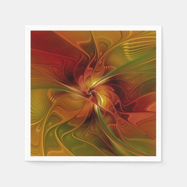 Abstract Red Orange Brown Green Fractal Art Flower Napkins (Front)
