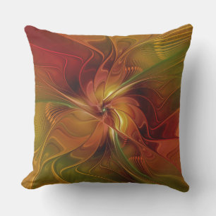 Abstract Red Orange Brown Green Fractal Art Flower Outdoor Pillow